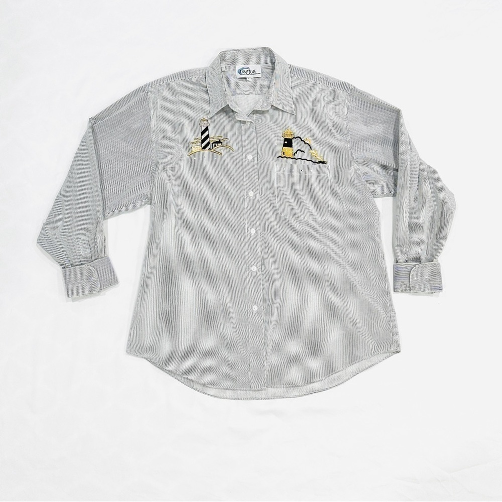 Vintage Las Olas Nautical Embroidered & Embellished Button Down Striped Shirt - Picture 1 of 6